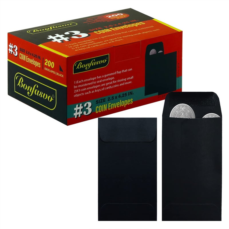 Bonfasvo 200 Pack #3 Black coin envelope 2.5 x 4.25 inches Kraft Envelopes Classic Small Parts Envelopes with Self Adhesive Gummed Flap for Coins Cash Credit Cards Seeds - Image 1
